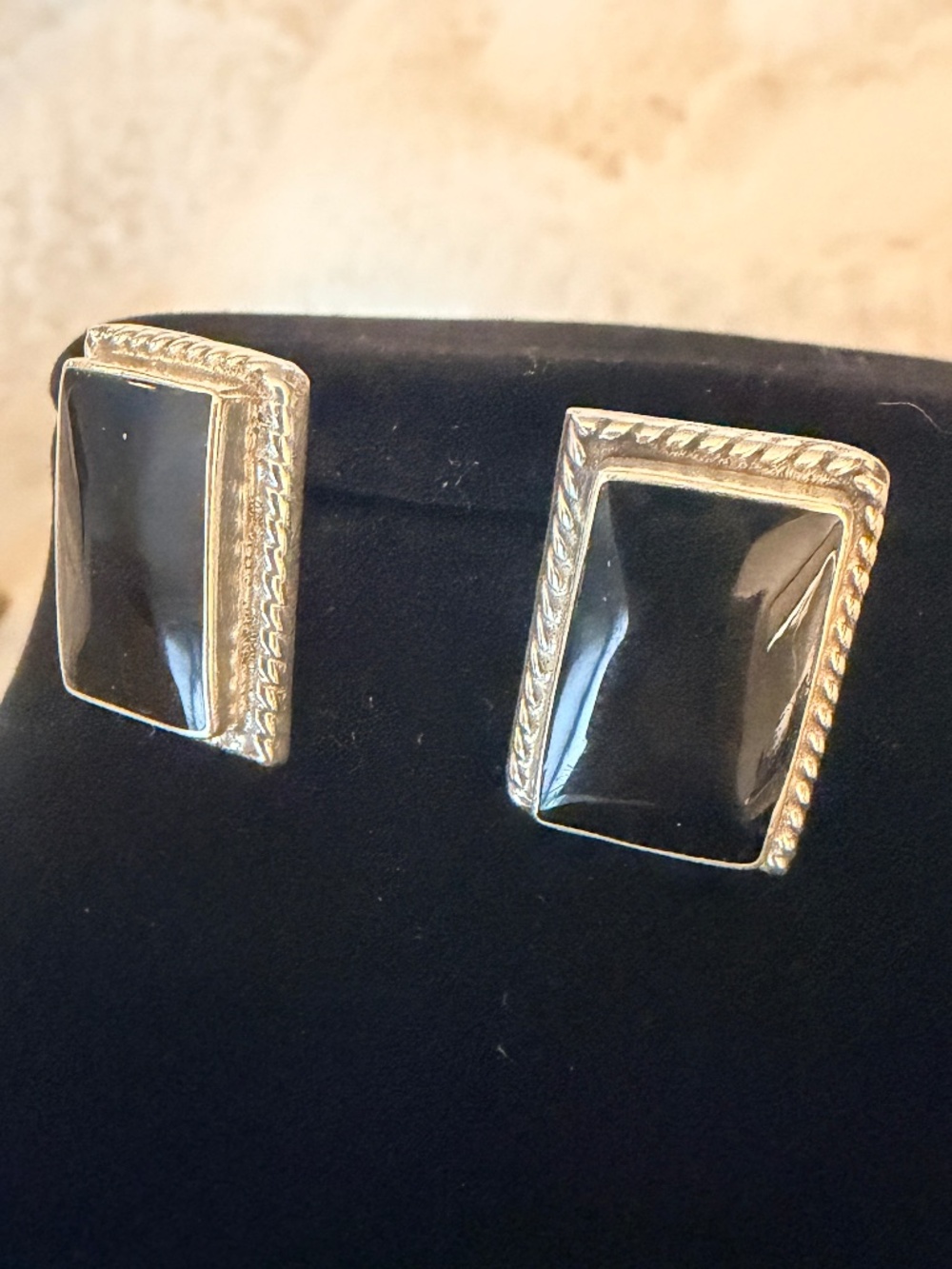 Authentic Taxco Mexico 925 Sterling Silver Black Onyx Rectangular Stud Earrings